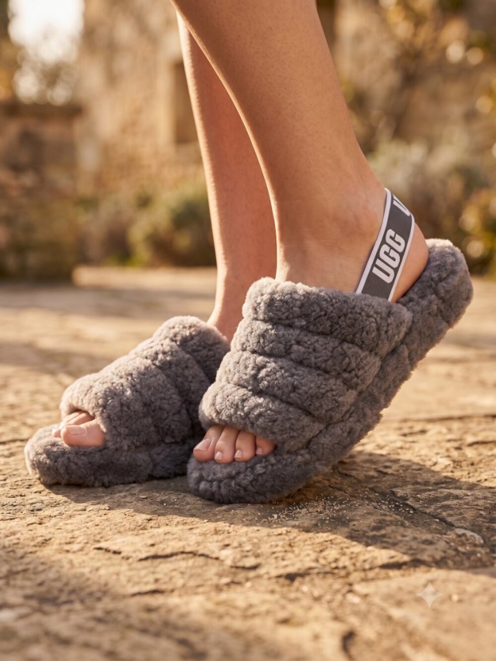Ugg Fluff Yeah gray shearling ankle strap open toe slides